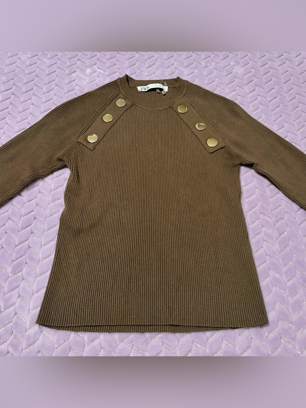 Zara Chest-Button Ribbed Crew Sweater in Olive Green